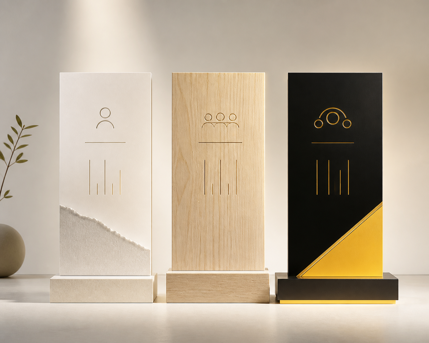 Three abstract plinths representing marketing options