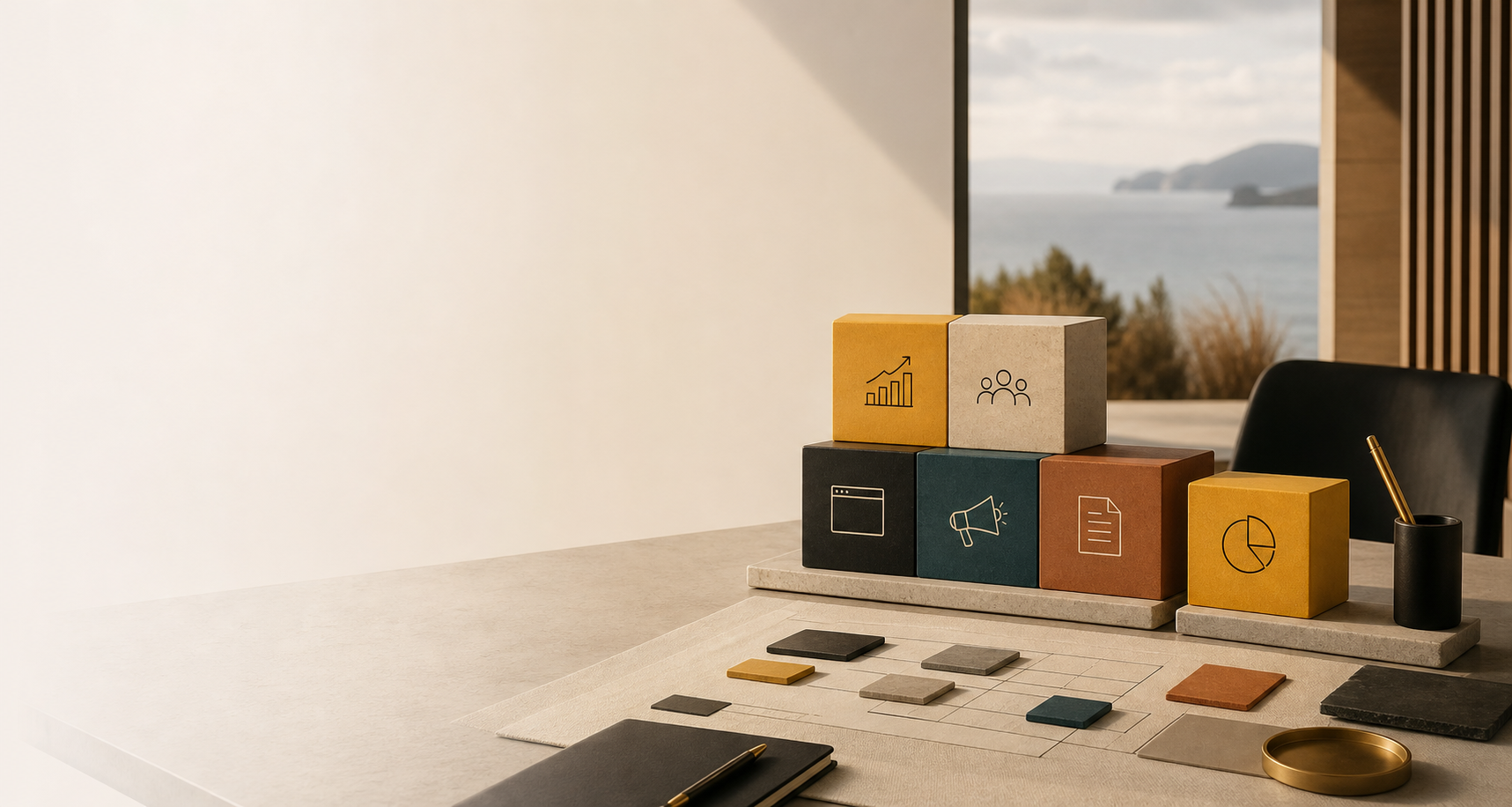 Abstract marketing planning blocks on a premium business table