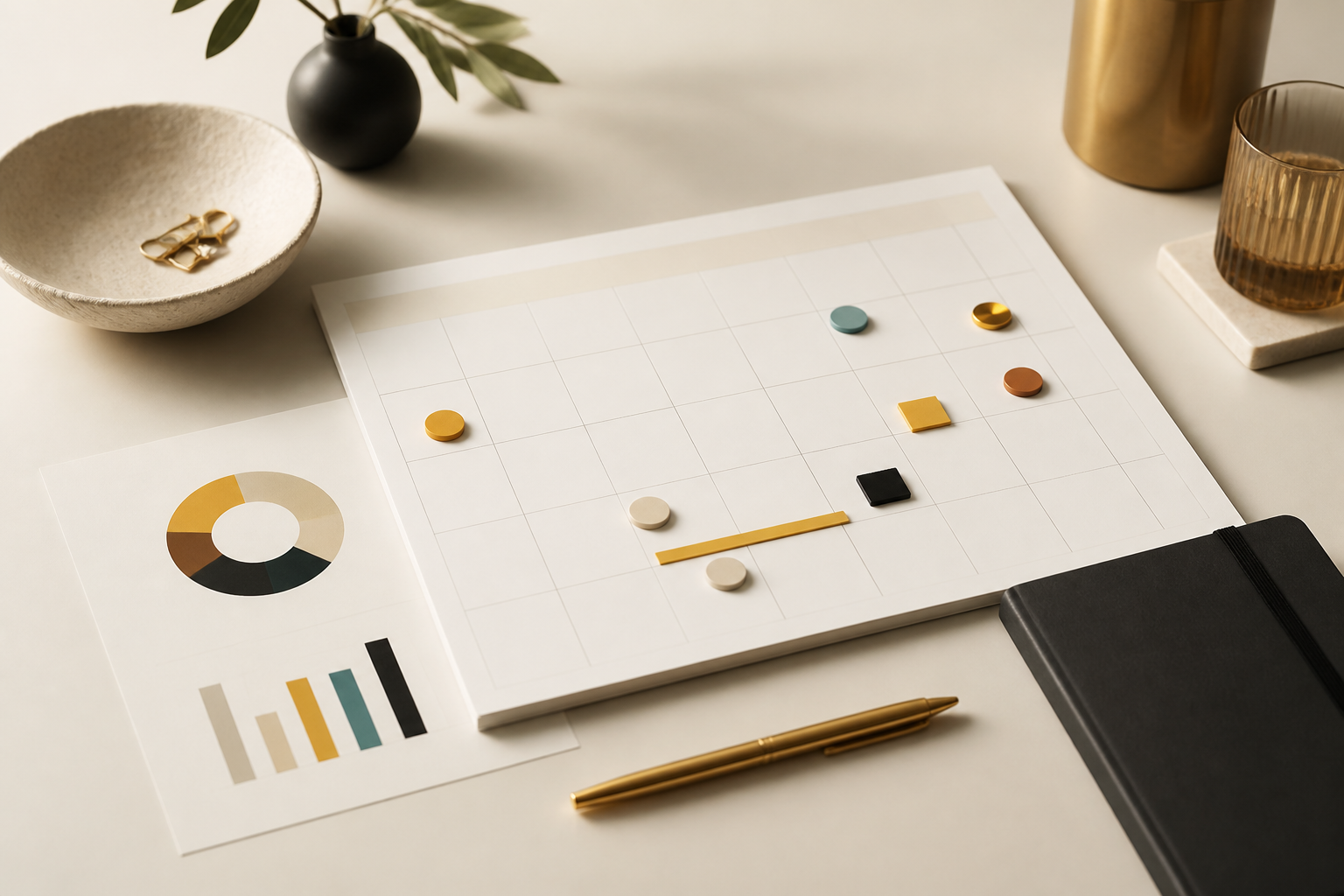 Premium desk scene with planning calendar and reporting objects